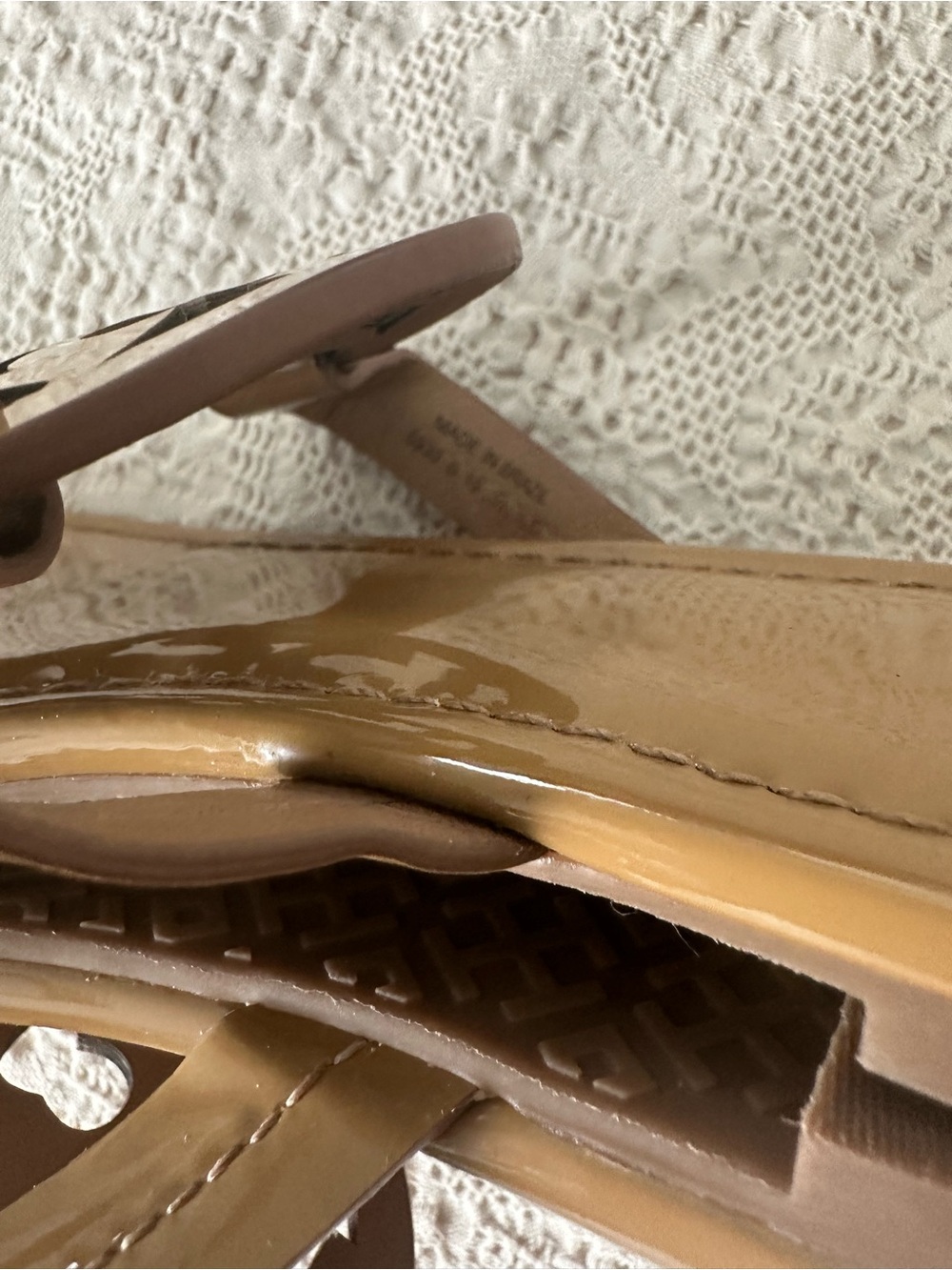 Tory Burch Patent Miller Logo Toe-Thong Sandals in Camel - Picture 8 of 14